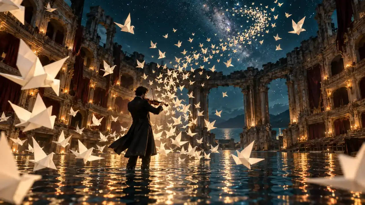 Violinist in a flooded theater surrounded by glowing origami birds under a starry sky