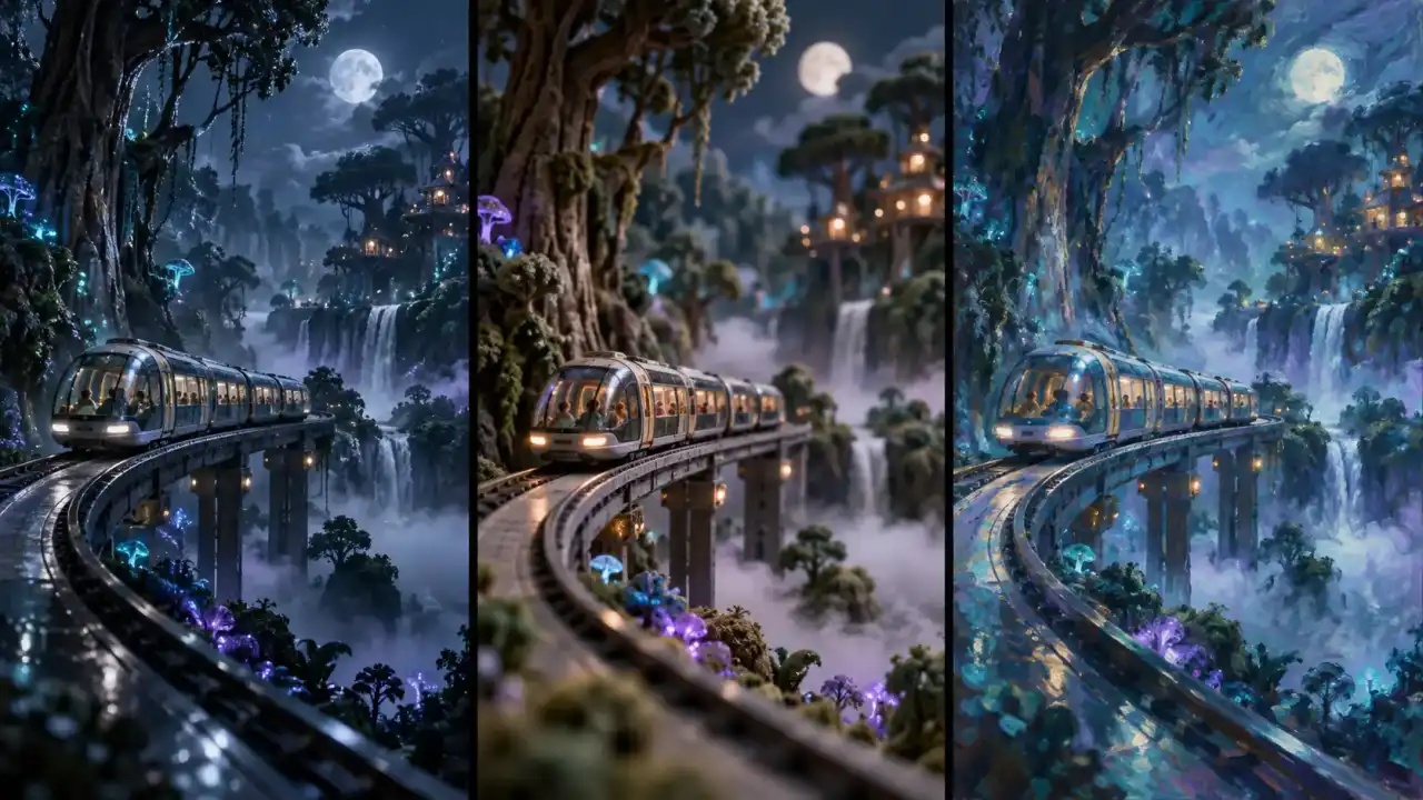 Three AI video interpretations of a glass monorail traveling through a glowing moonlit forest