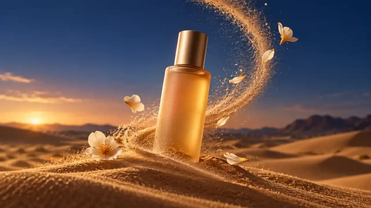 Amber skincare bottle emerging from desert sand in a cinematic campaign frame