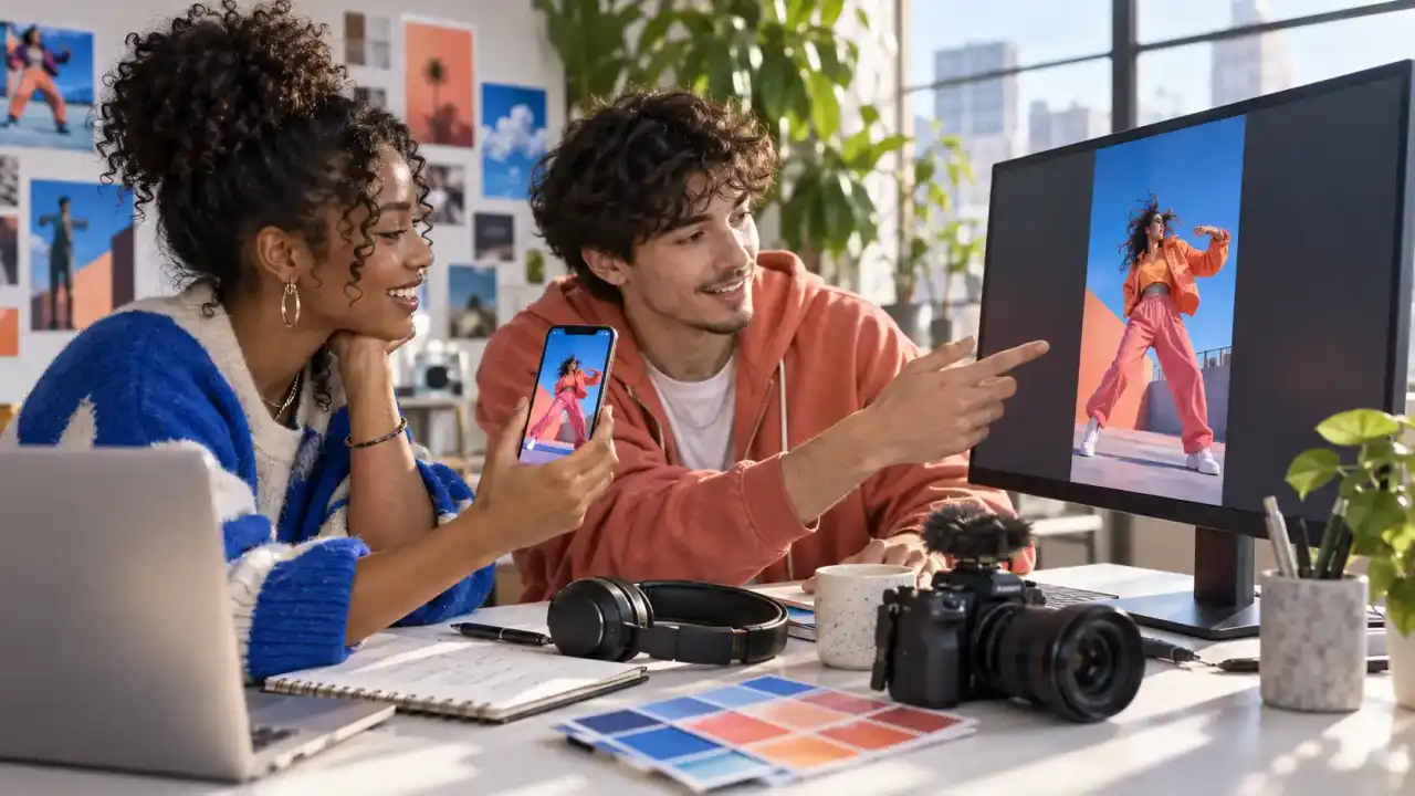Two social media creators reviewing the same vertical fashion video on a phone and monitor