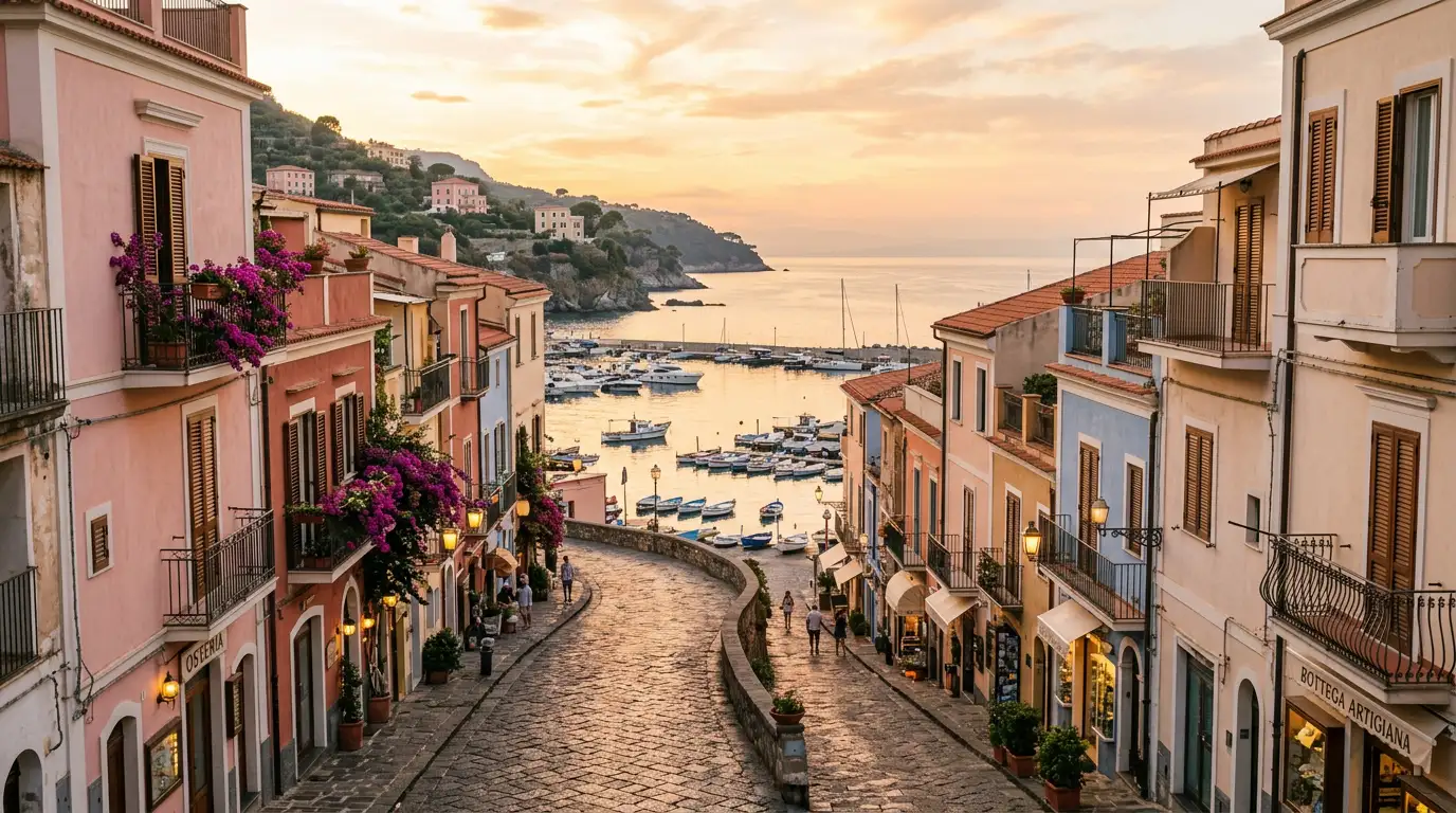 Coastal town photo transformed into a polished screen-ready wallpaper with warm golden hour lighting