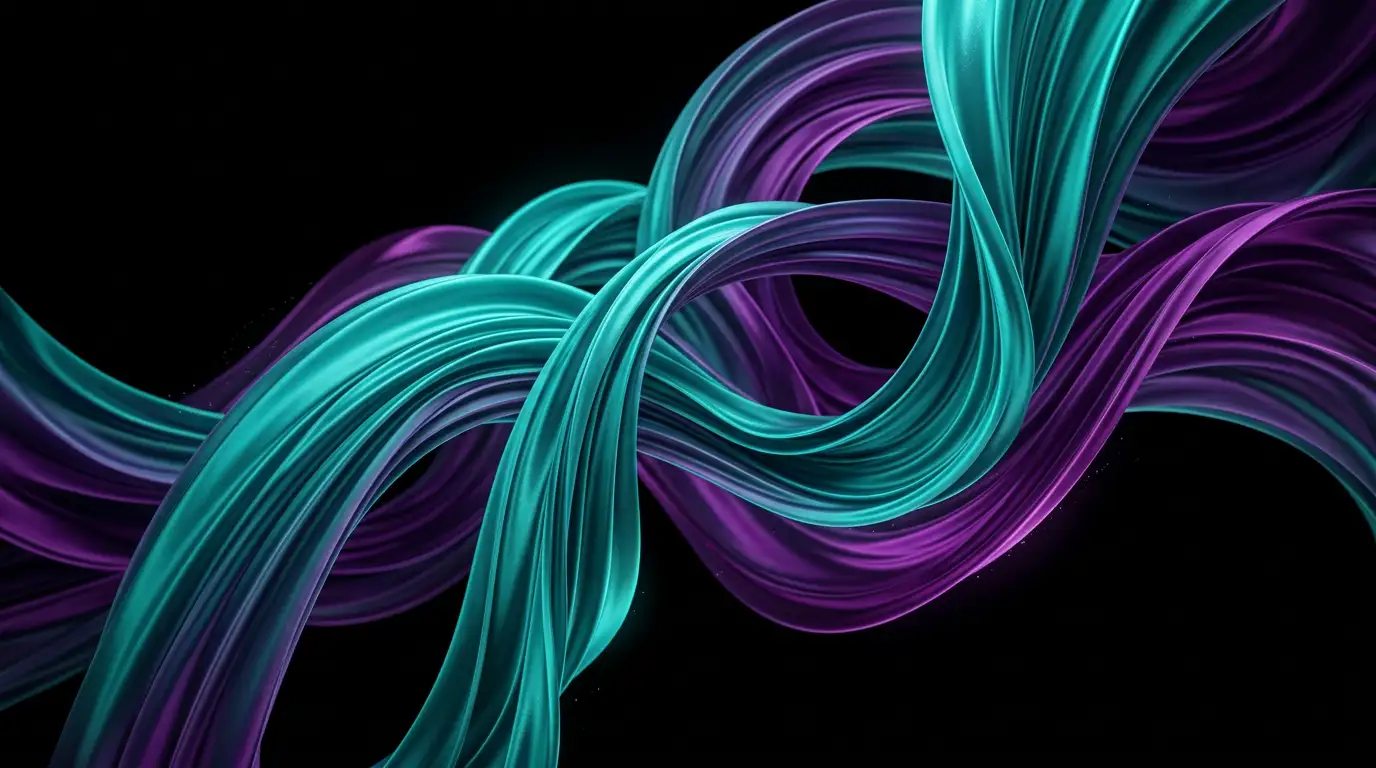 Crisp high-resolution abstract wallpaper with sharp flowing silk ribbons of teal and purple on a dark background