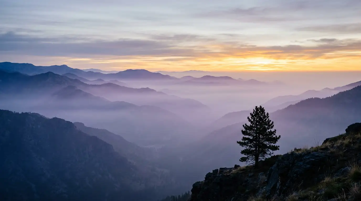 AI-generated mountain valley wallpaper created from a text prompt with atmospheric dawn lighting