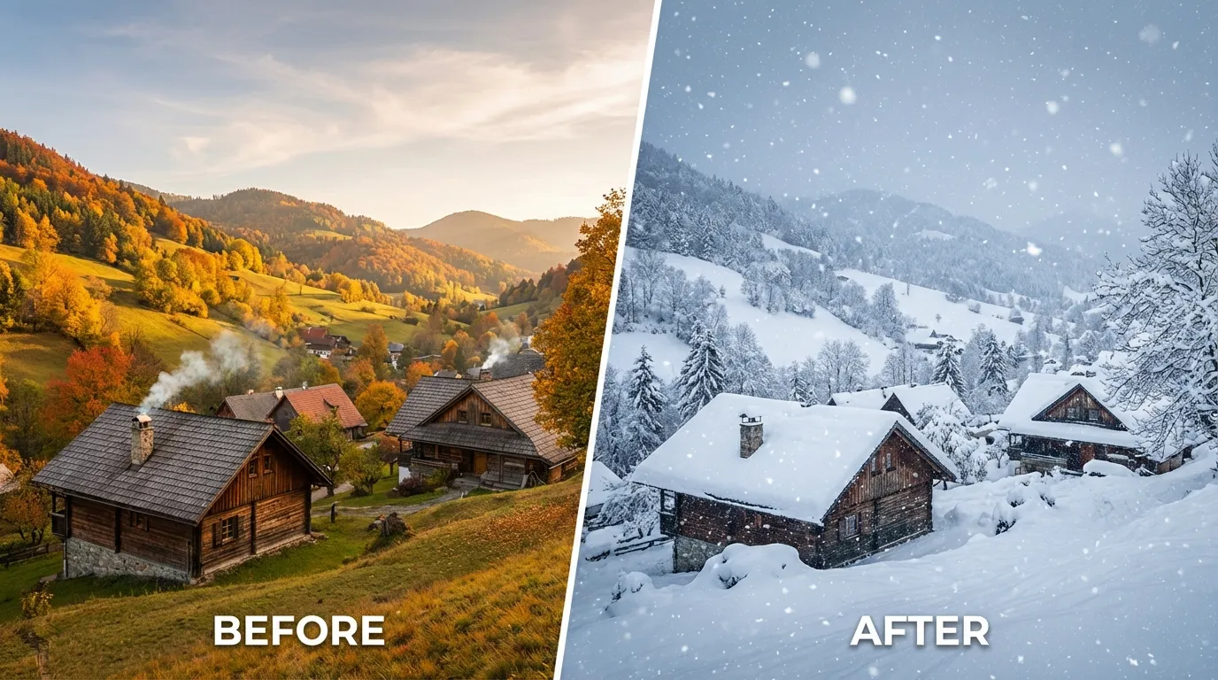 Landscape photo transformed into a winter scene with realistic snowfall effect using Pixlio's Add Snow to Photo tool