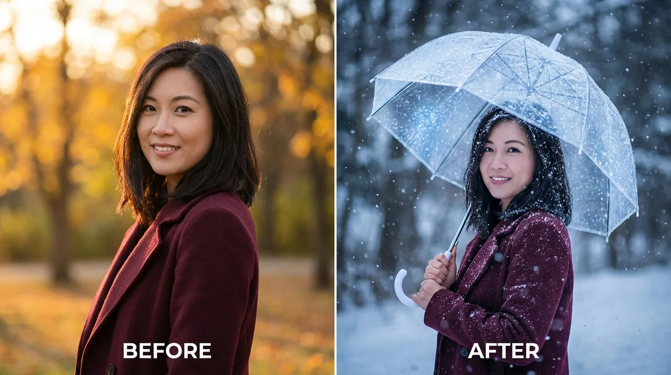 AI-generated winter portrait showing a person with realistic falling snow and cinematic lighting, demonstrating how to add snow to a photo with the AI Snow Photo Editor