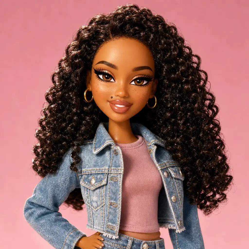 Bratz-inspired doll result after generation with preserved facial identity and outfit
