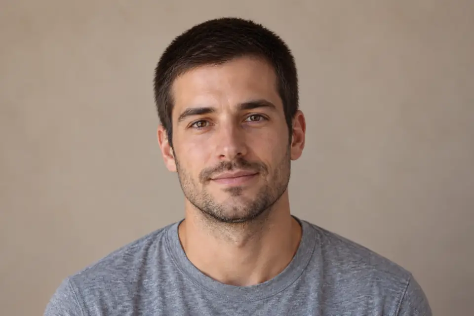 AI-edited portrait showing a classic dark buzz cut for reviewing a shorter hairstyle