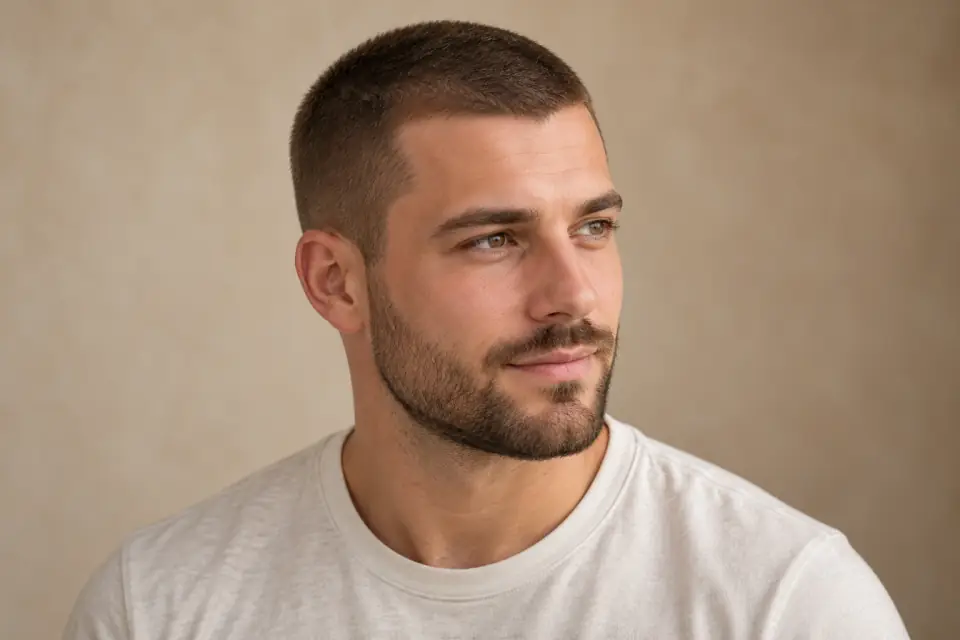 Generated buzz-cut portrait with the Download action and preview zoom controls