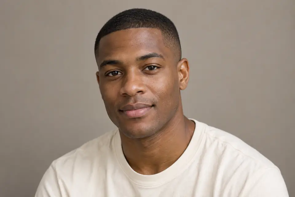Portrait of a person with a classic dark buzz cut, visible natural texture and a natural hairline