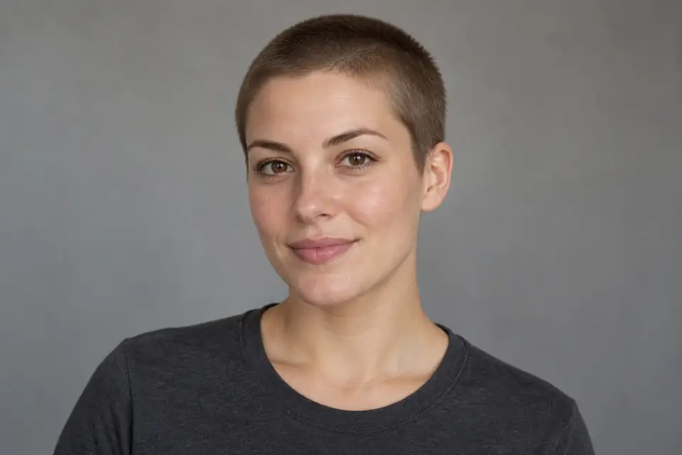 Portrait of a person with a longer brown buzz cut showing dense, even coverage above the scalp