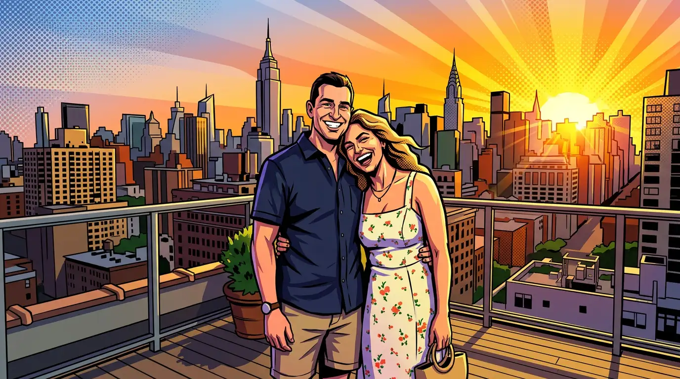 Same scene converted to caricature style with consistent pose, composition, and background preserved