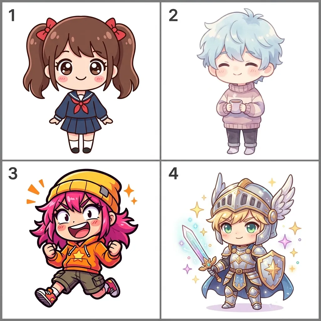 Four chibi style presets showing Kawaii, Pastel Cute, Emote Sticker, and Fantasy options