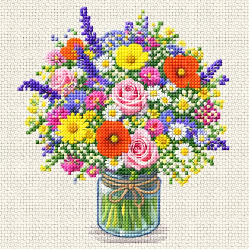 Clean cross stitch pattern with limited color palette and reduced confetti
