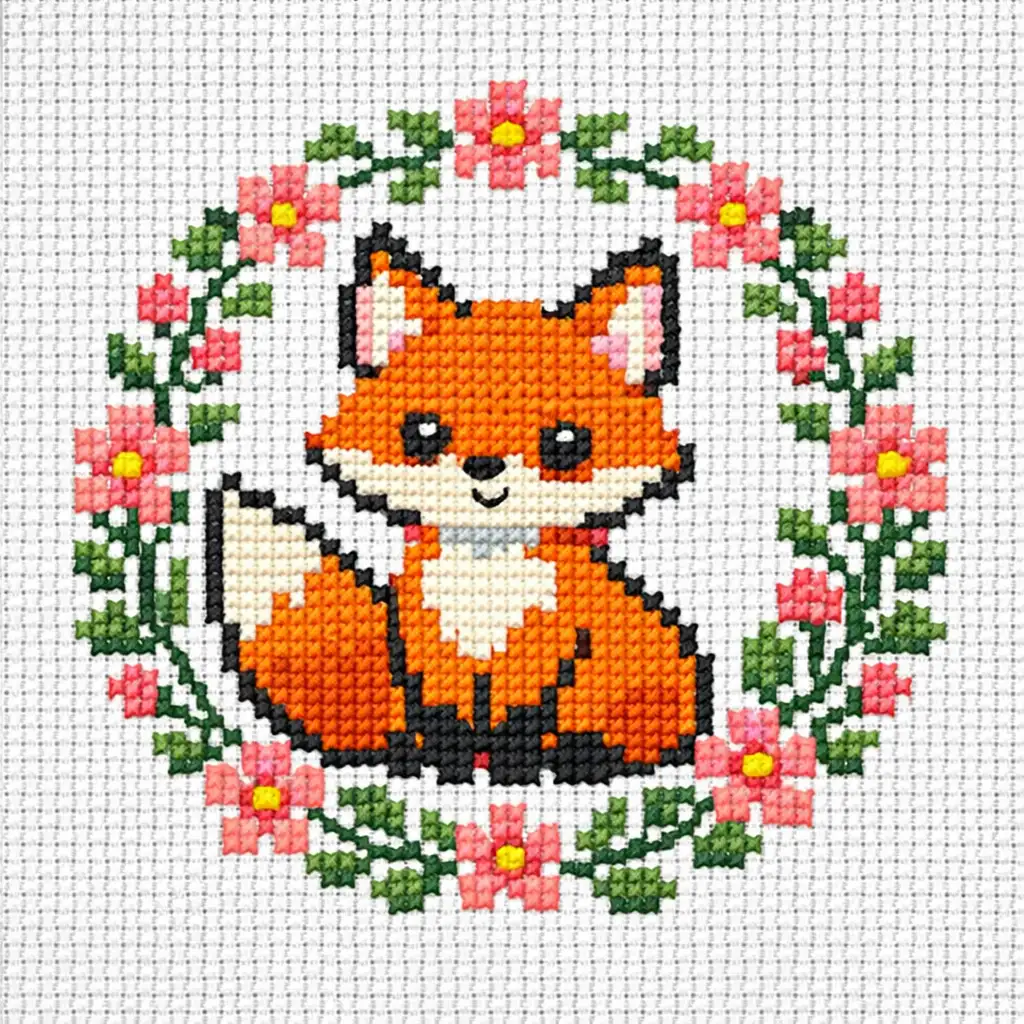 Example of an AI-generated cross stitch pattern of a fox with grid structure and flat color blocking