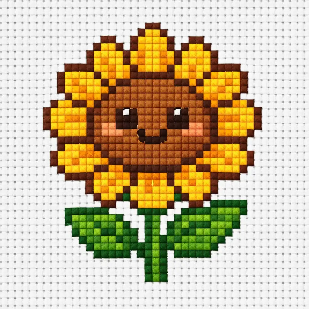 Example of an AI-generated cross stitch pattern of a fox with grid structure and flat color blocking