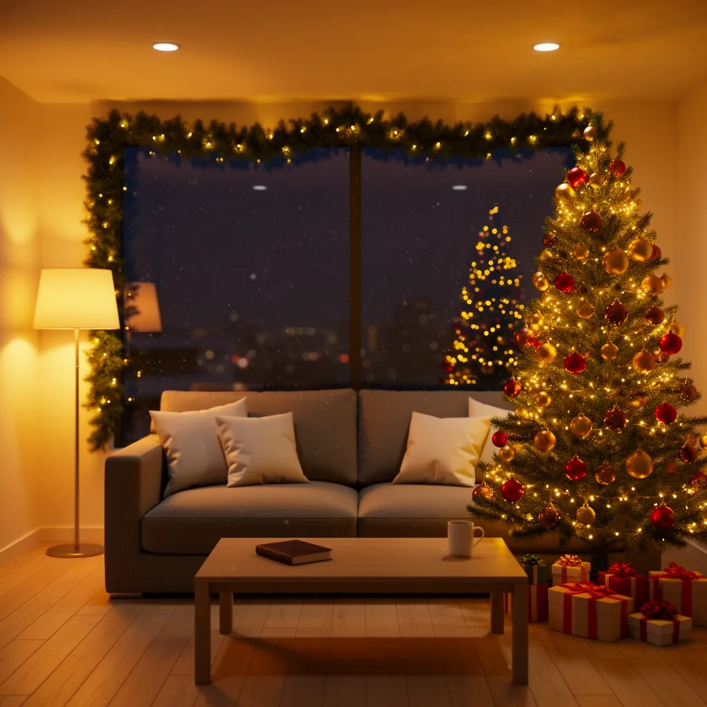 Same living room transformed into Christmas scene with decorated tree, fairy lights, and cozy golden tones using Flux.2 image editing