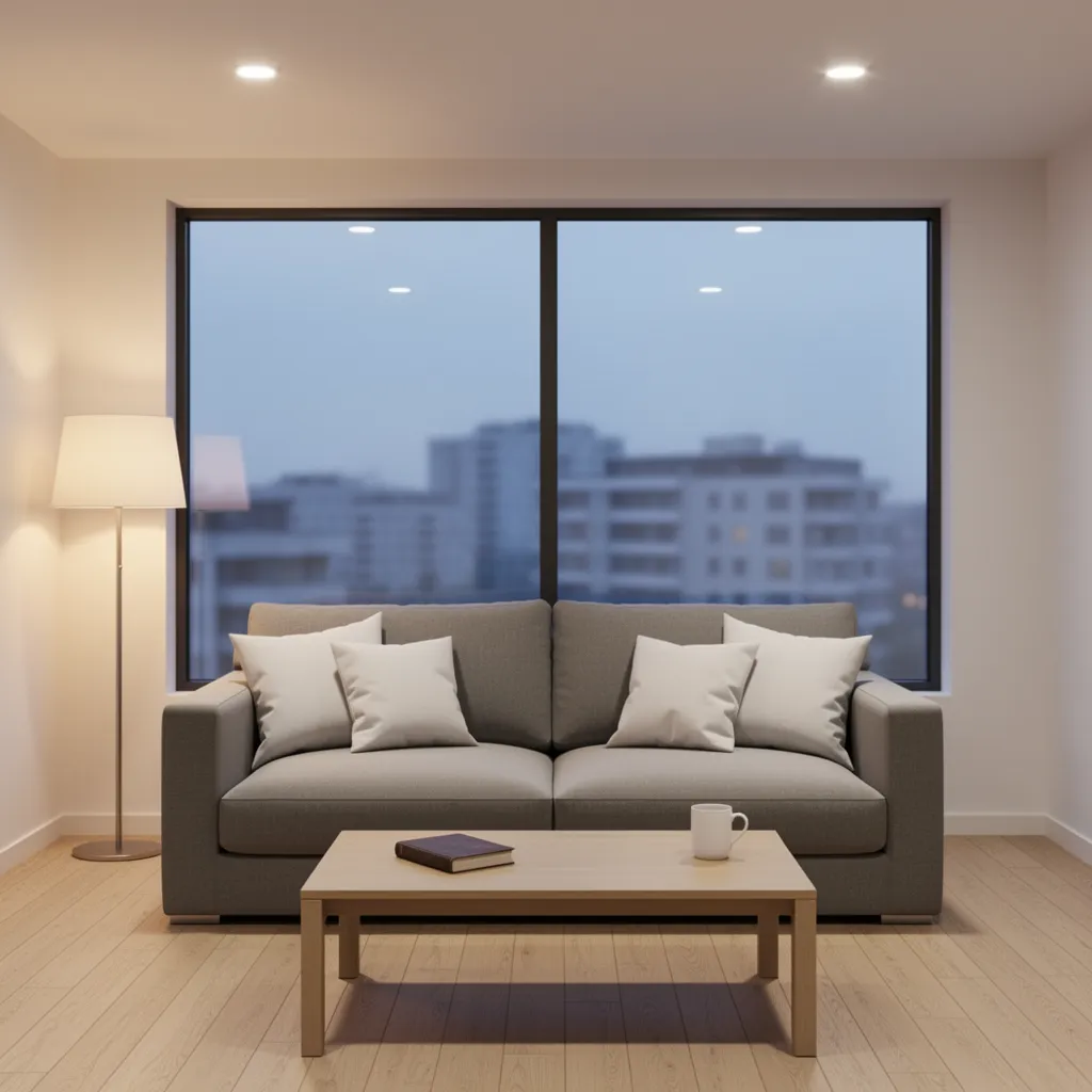 Original cozy modern living room with gray sofa, wooden coffee table, and neutral lighting before Flux.2 transformation