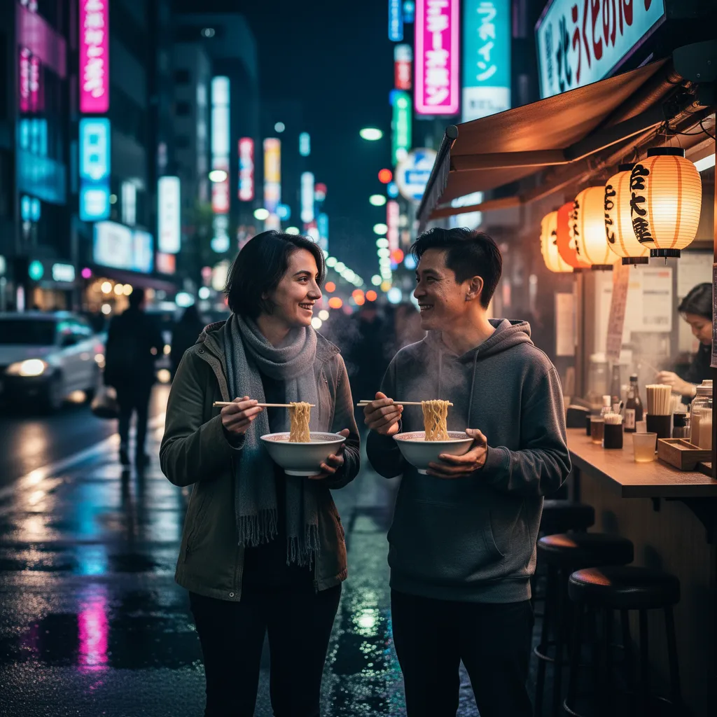 AI-generated photorealistic Tokyo night street scene with two friends at ramen stall, neon reflections, and bokeh lights created by Flux.2