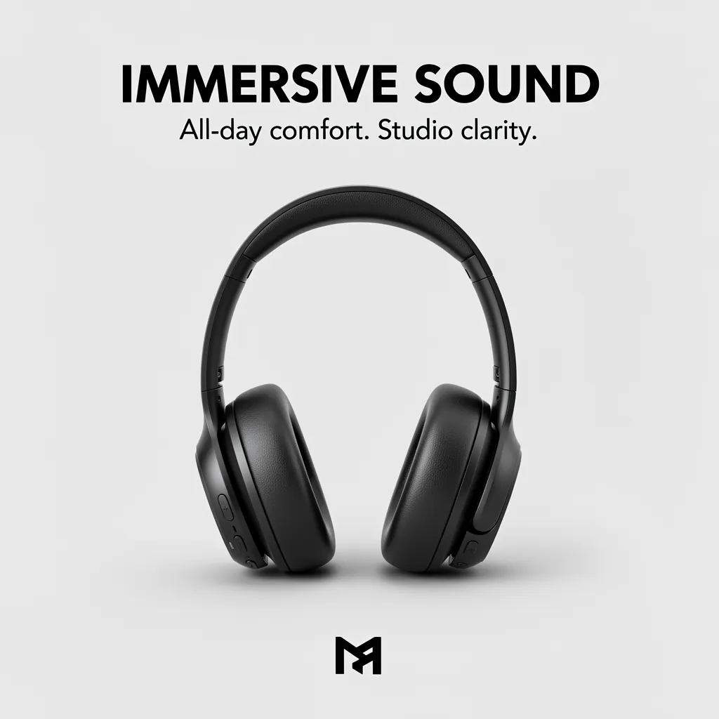 AI-generated minimalist product poster for wireless headphones with sharp typography reading 'IMMERSIVE SOUND' created by Flux.2