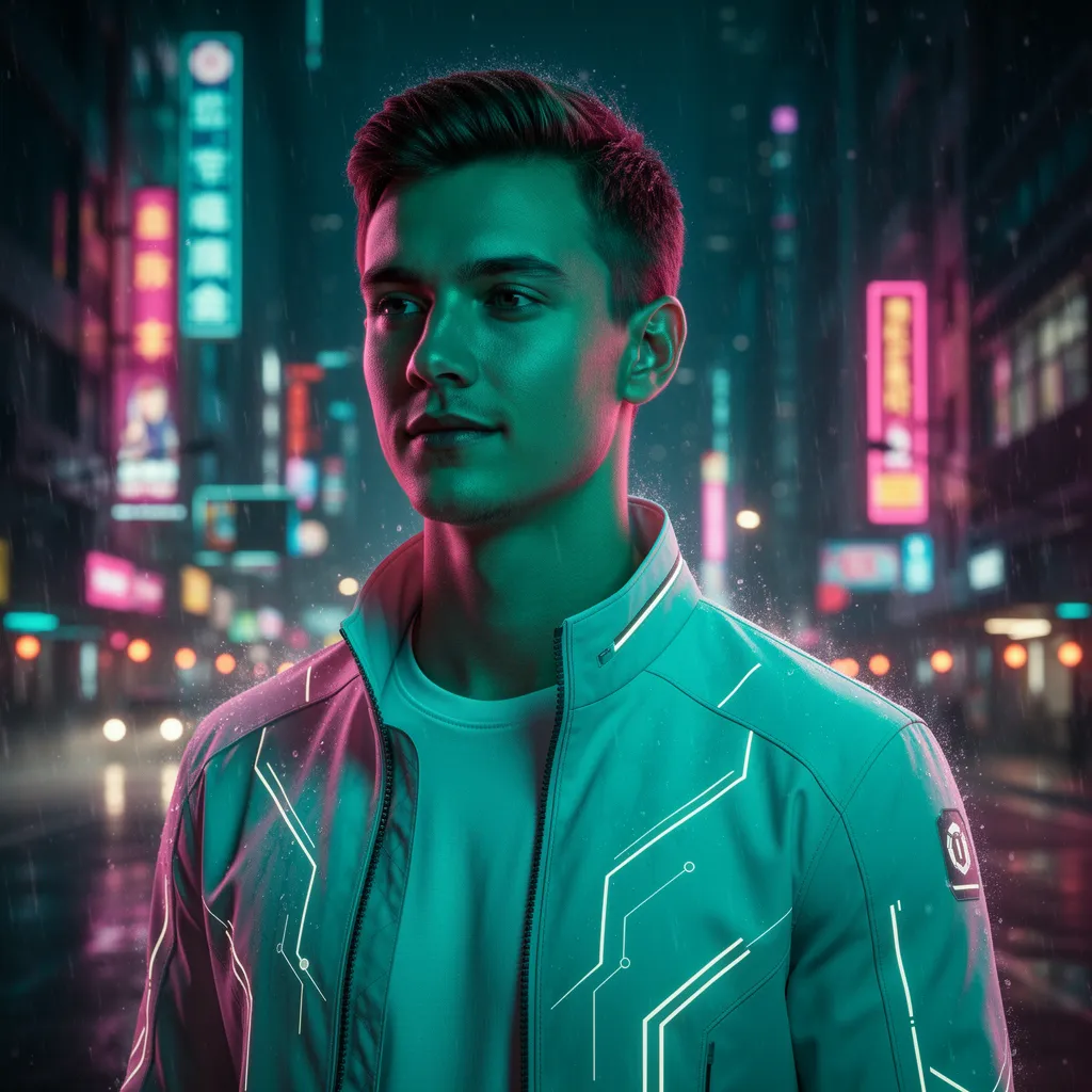 Same portrait transformed into dramatic cyberpunk scene with neon cityscape and rim lighting while preserving facial identity using Flux.2