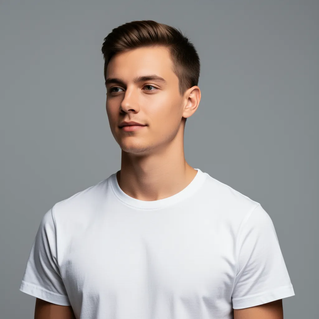 Original neutral studio portrait of young man in plain white T-shirt against gray background
