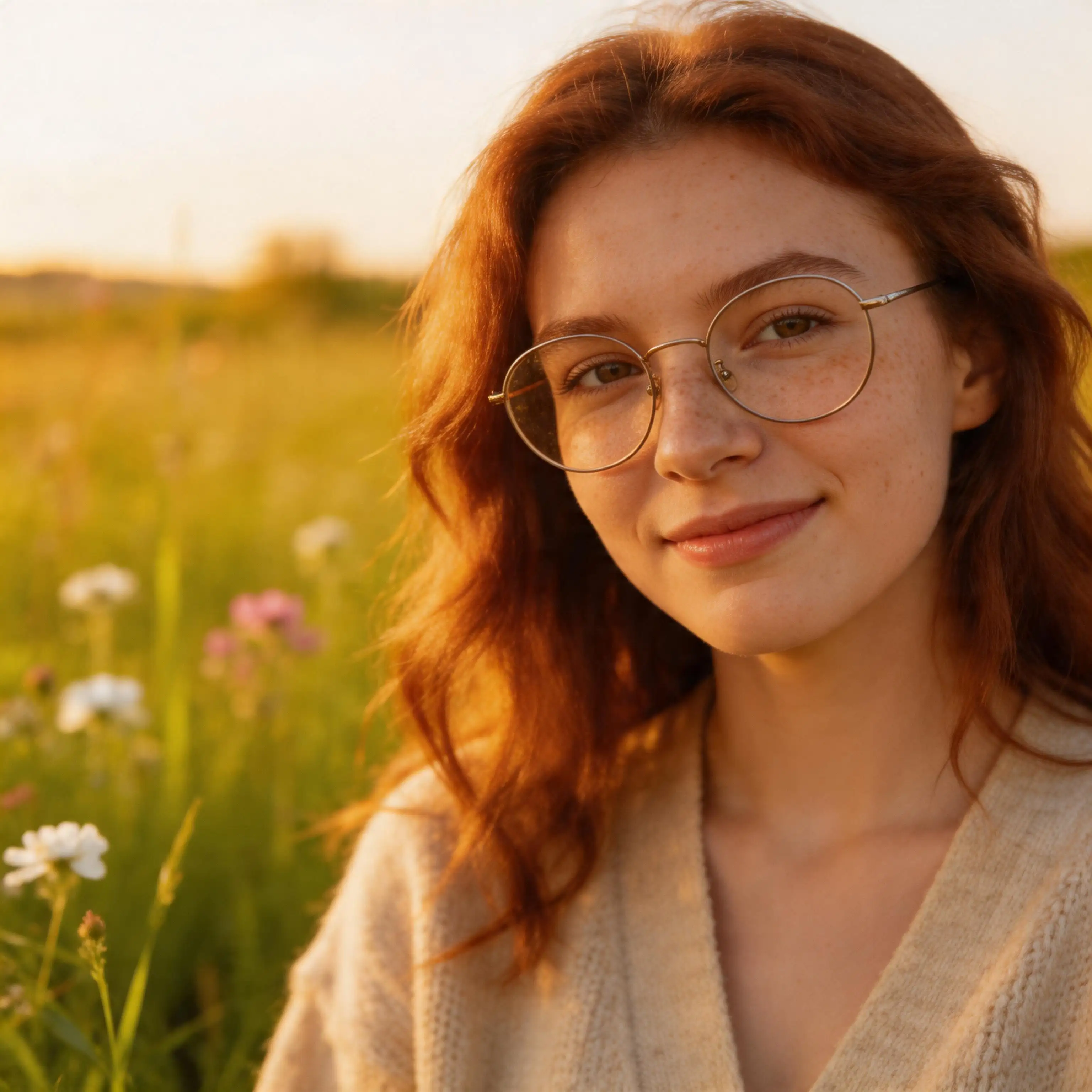 Original portrait photo of a young woman with round glasses and auburn hair in a sunlit meadow