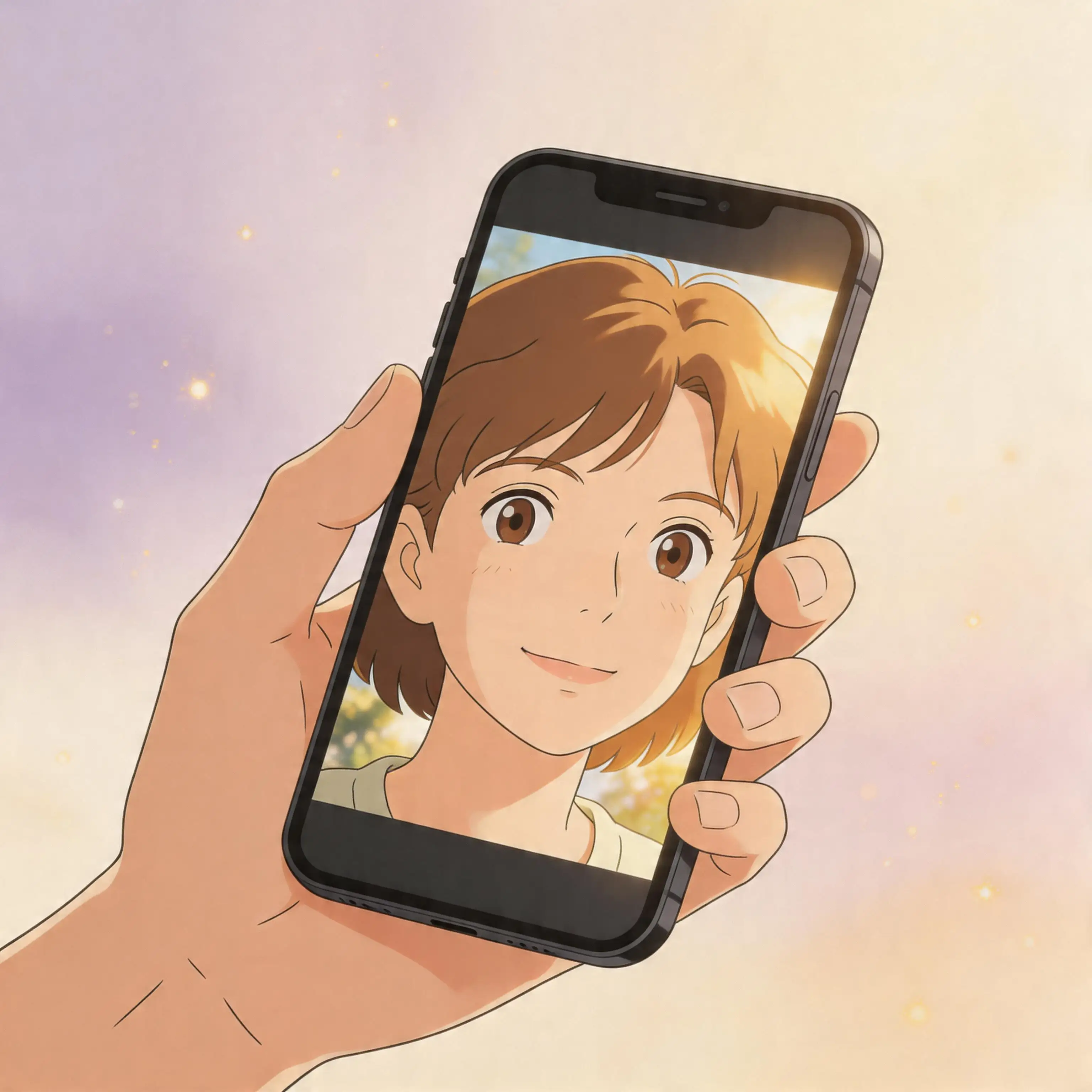 Ghibli-style illustration of a hand holding a smartphone displaying a transformed portrait