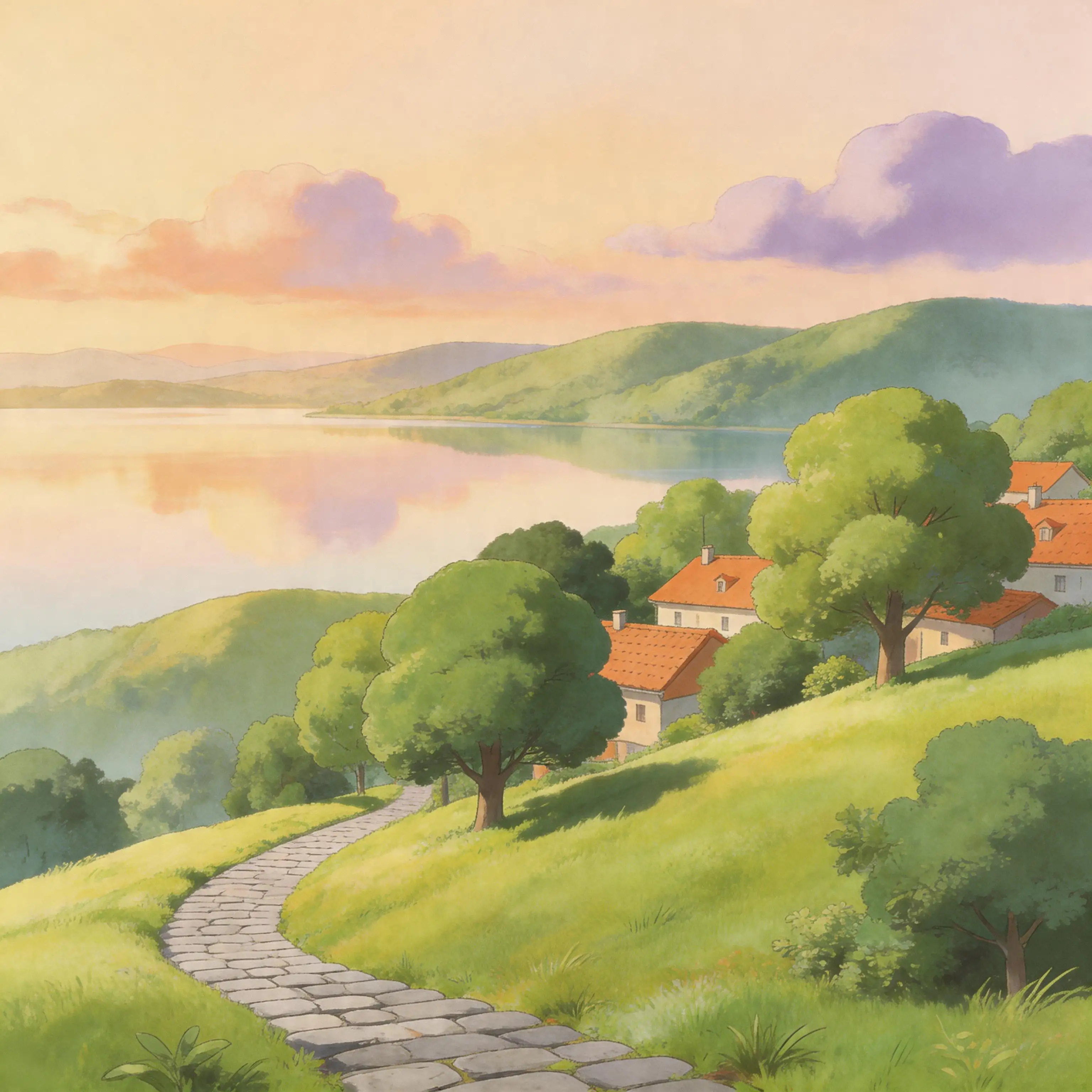 Ghibli-inspired hillside village at golden hour with lush rolling hills, warm pastel sky, and painterly watercolor textures