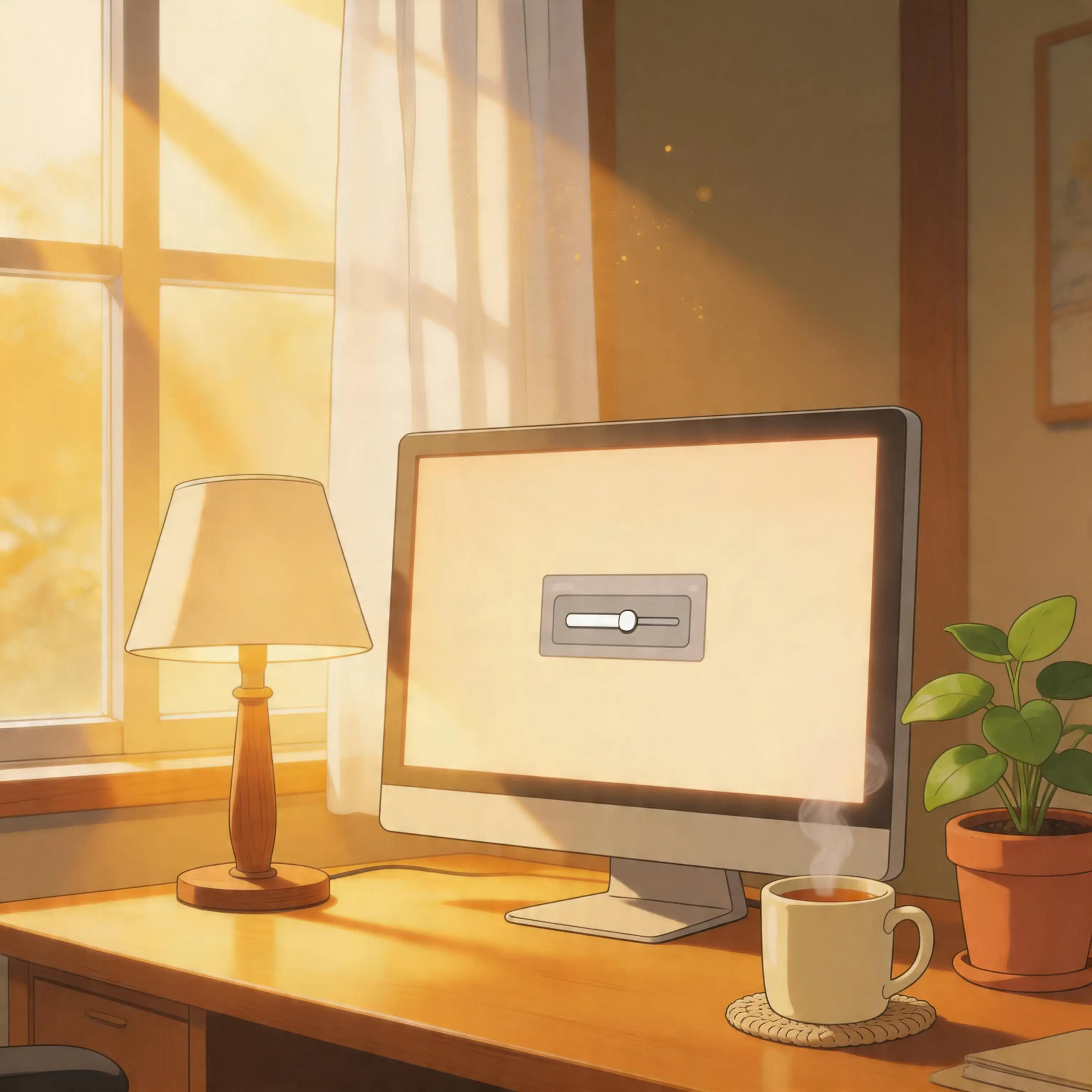 Cozy Ghibli-style studio desk with a glowing monitor, warm lamp light, and a steaming mug of tea