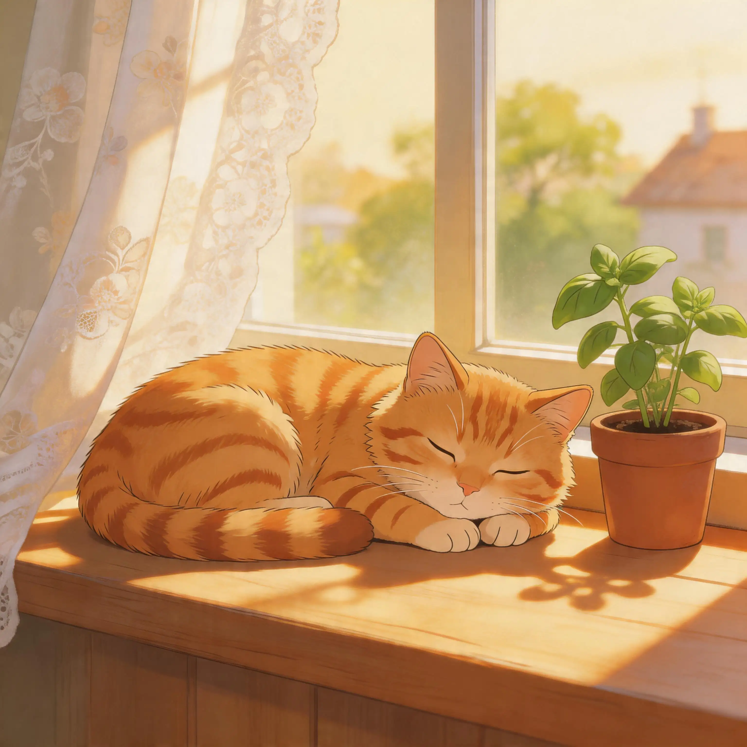 Ghibli-style illustration of an orange tabby cat napping on a sunlit windowsill