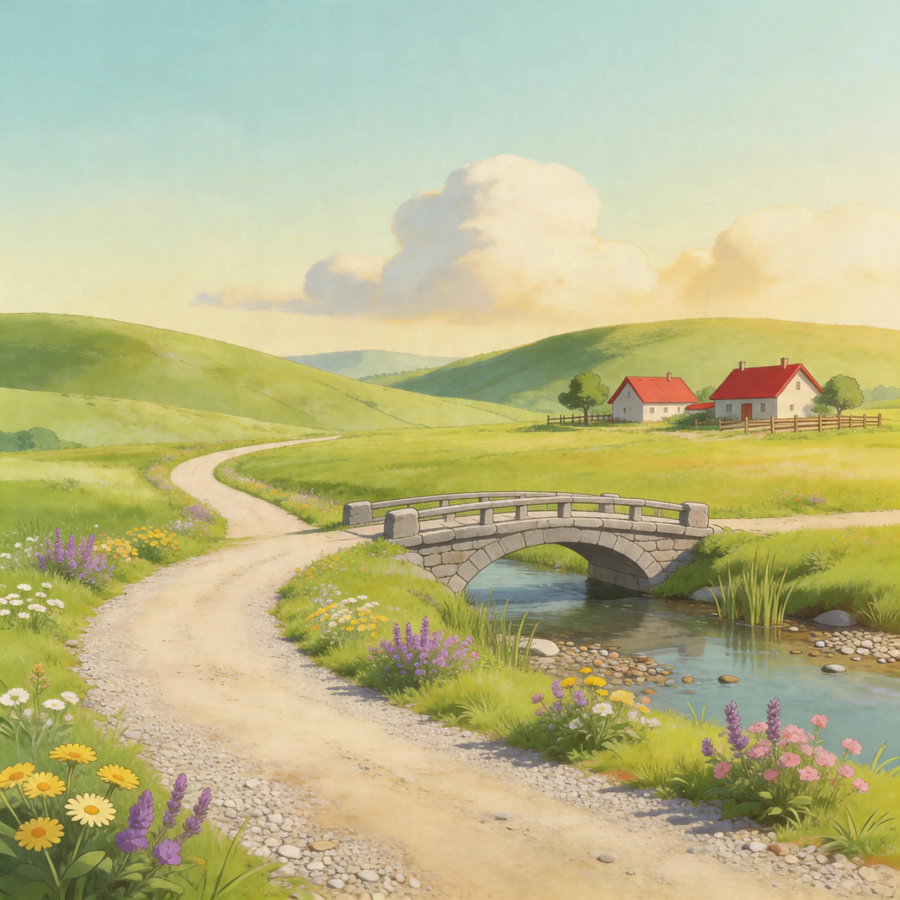 Ghibli-style countryside road winding through green hills with a stone bridge