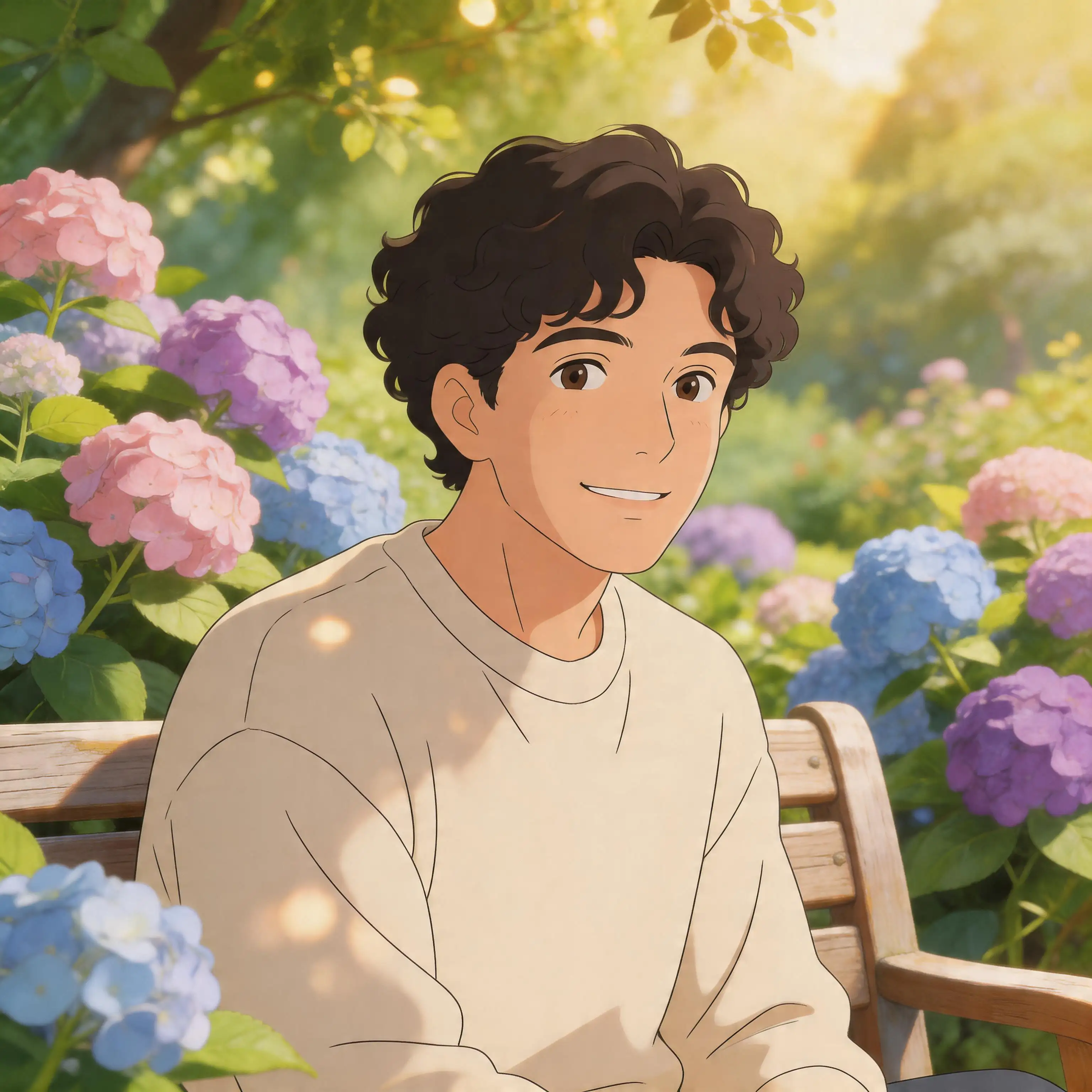Ghibli-style portrait of a young man smiling in a garden of hydrangeas