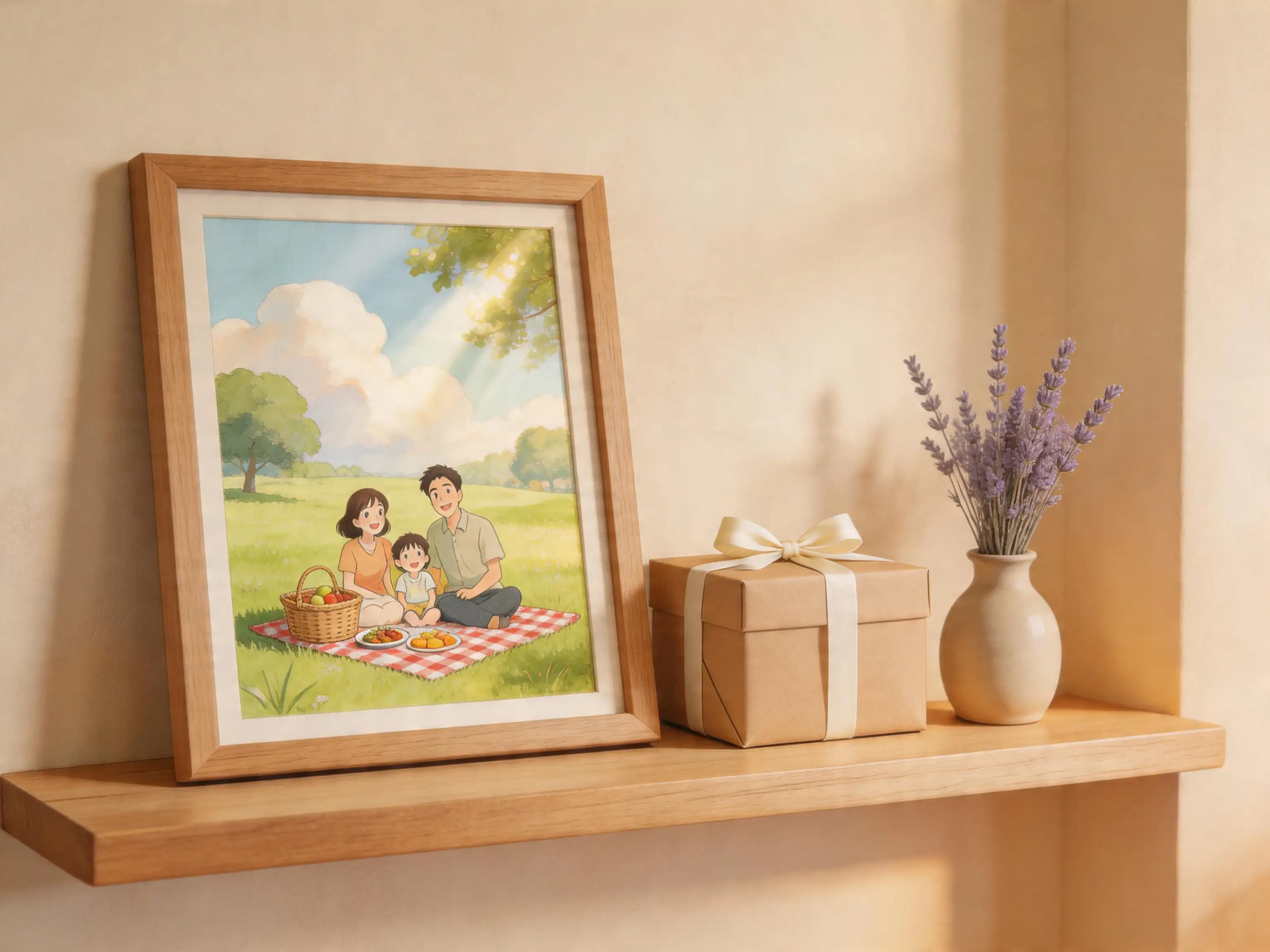 Framed Ghibli-style watercolor illustration on a wooden shelf beside a wrapped gift and dried flowers