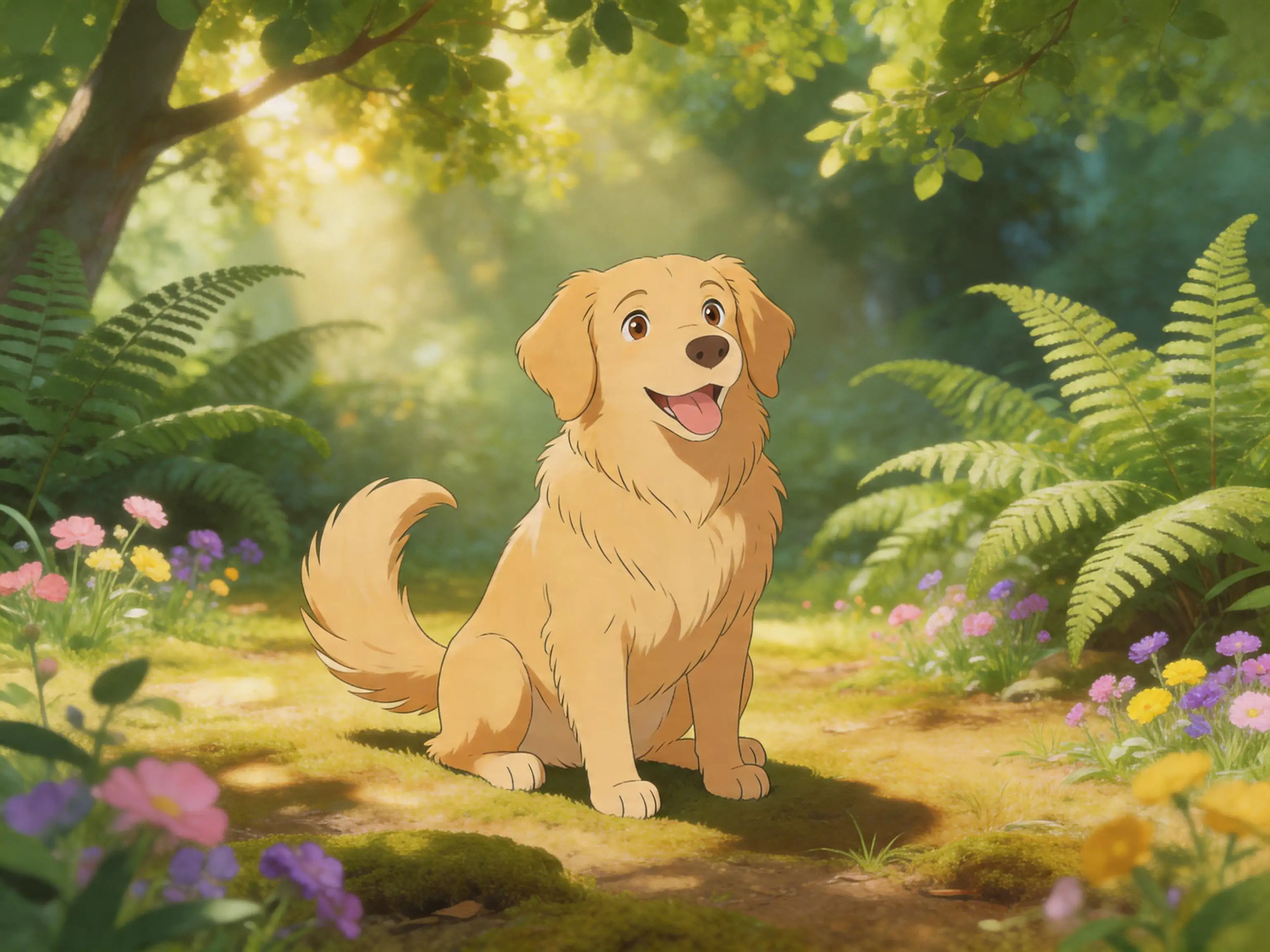 Golden retriever sitting happily in a sun-dappled forest clearing, rendered in warm Ghibli-inspired illustration style