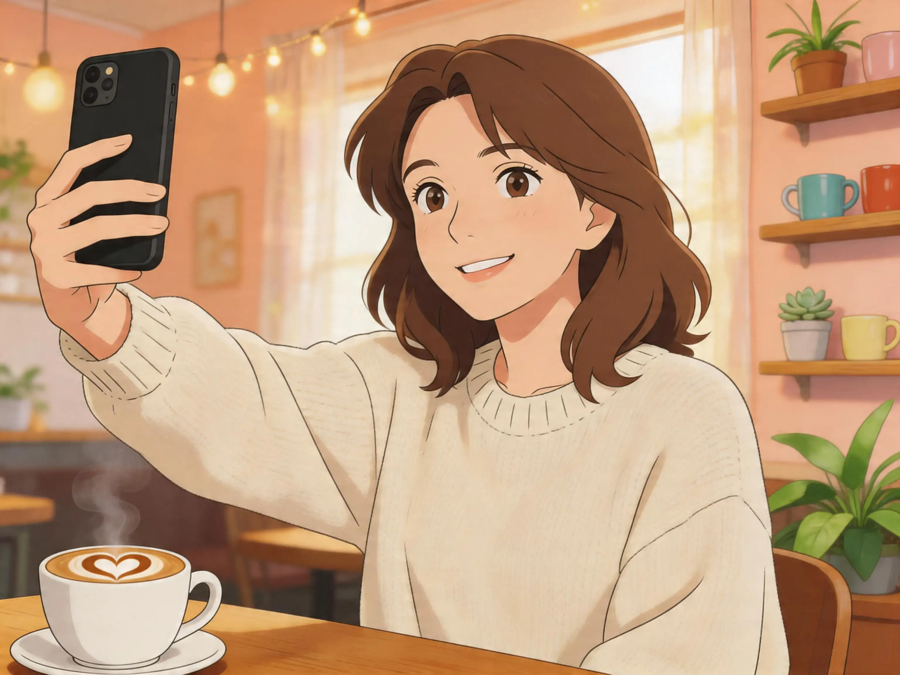 Young woman taking a selfie in a café, rendered in warm Ghibli-inspired illustration style for social media use