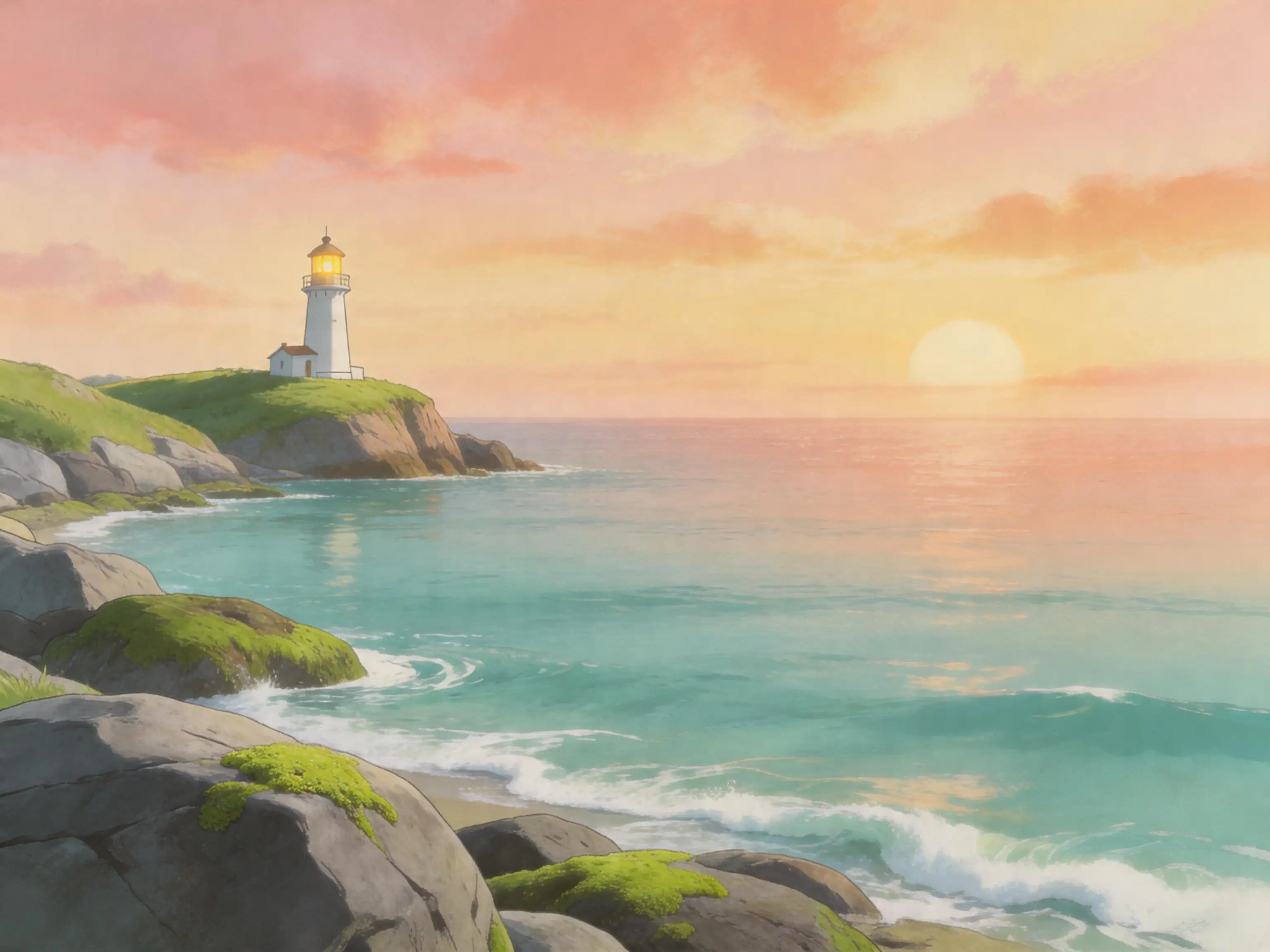 Panoramic coastal sunset scene with rocky cliffs and a lighthouse, painted in warm Ghibli-inspired watercolor style