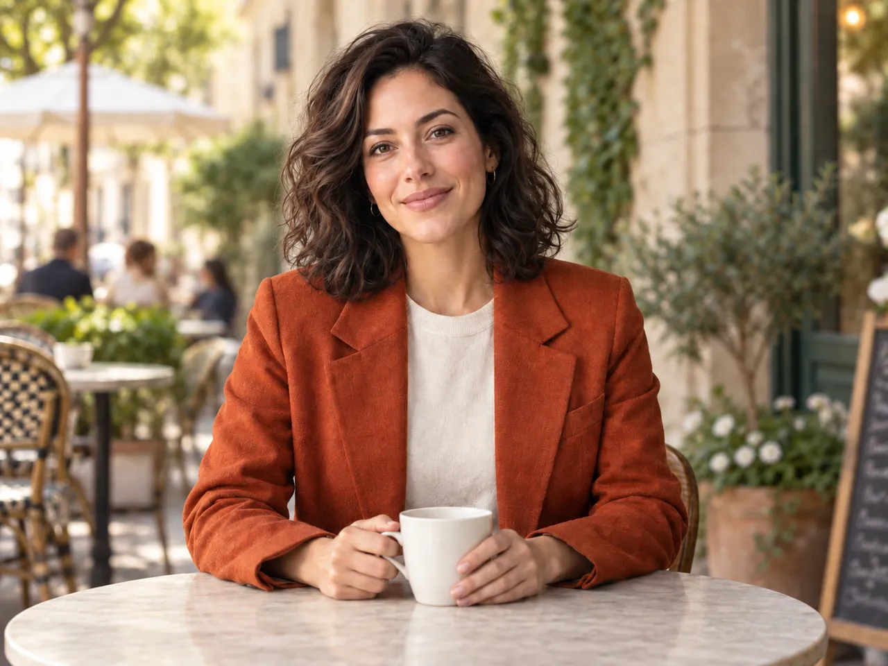 Same portrait with background changed to an outdoor cafe scene while preserving subject details using GPT Image 2.5 editing