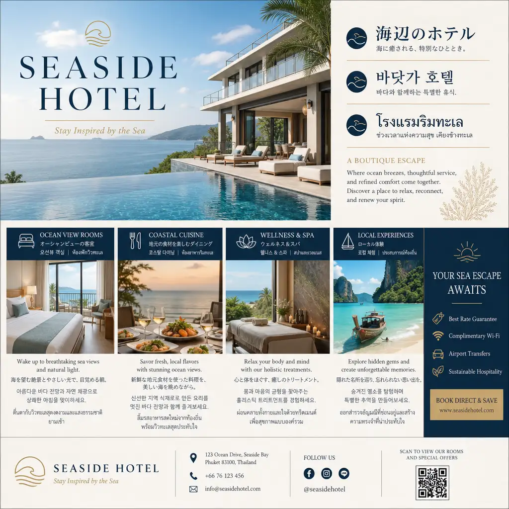 AI-generated multilingual hotel brochure with English and Korean text in a structured editorial layout created by GPT Image 2