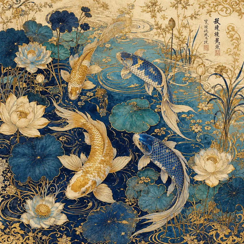 AI-generated ornate koi pond illustration with intricate botanical details, gold filigree, and fine line work created by GPT Image 2