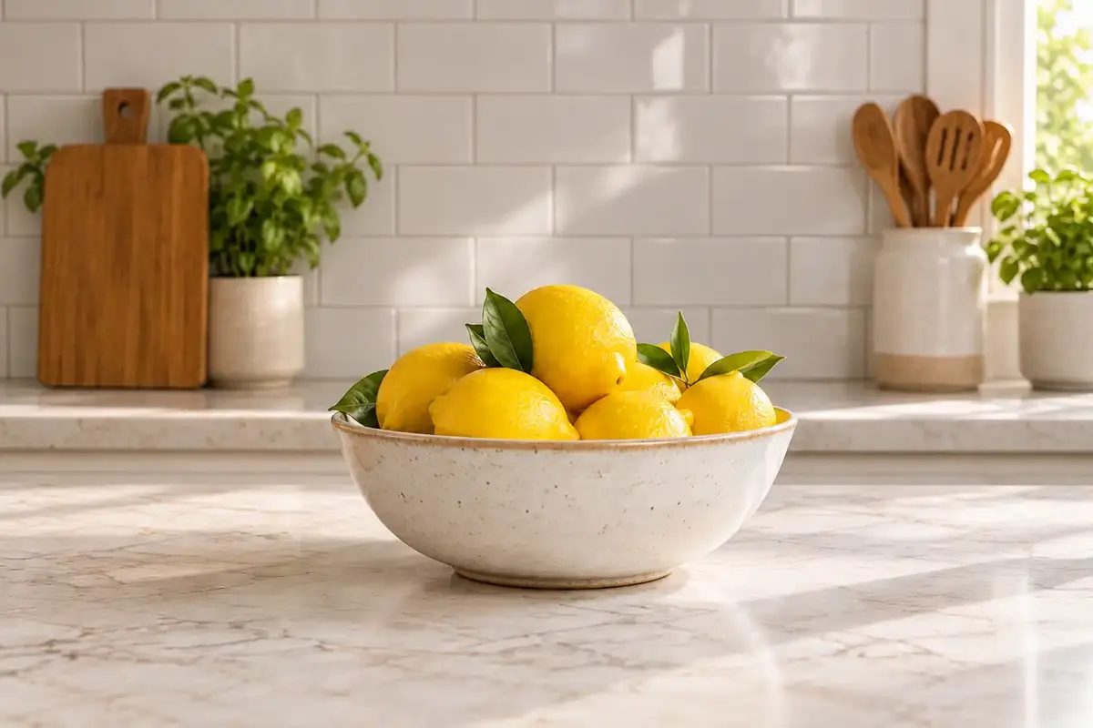 Kitchen counter with the paper bag and spray bottle removed, leaving the bowl of lemons