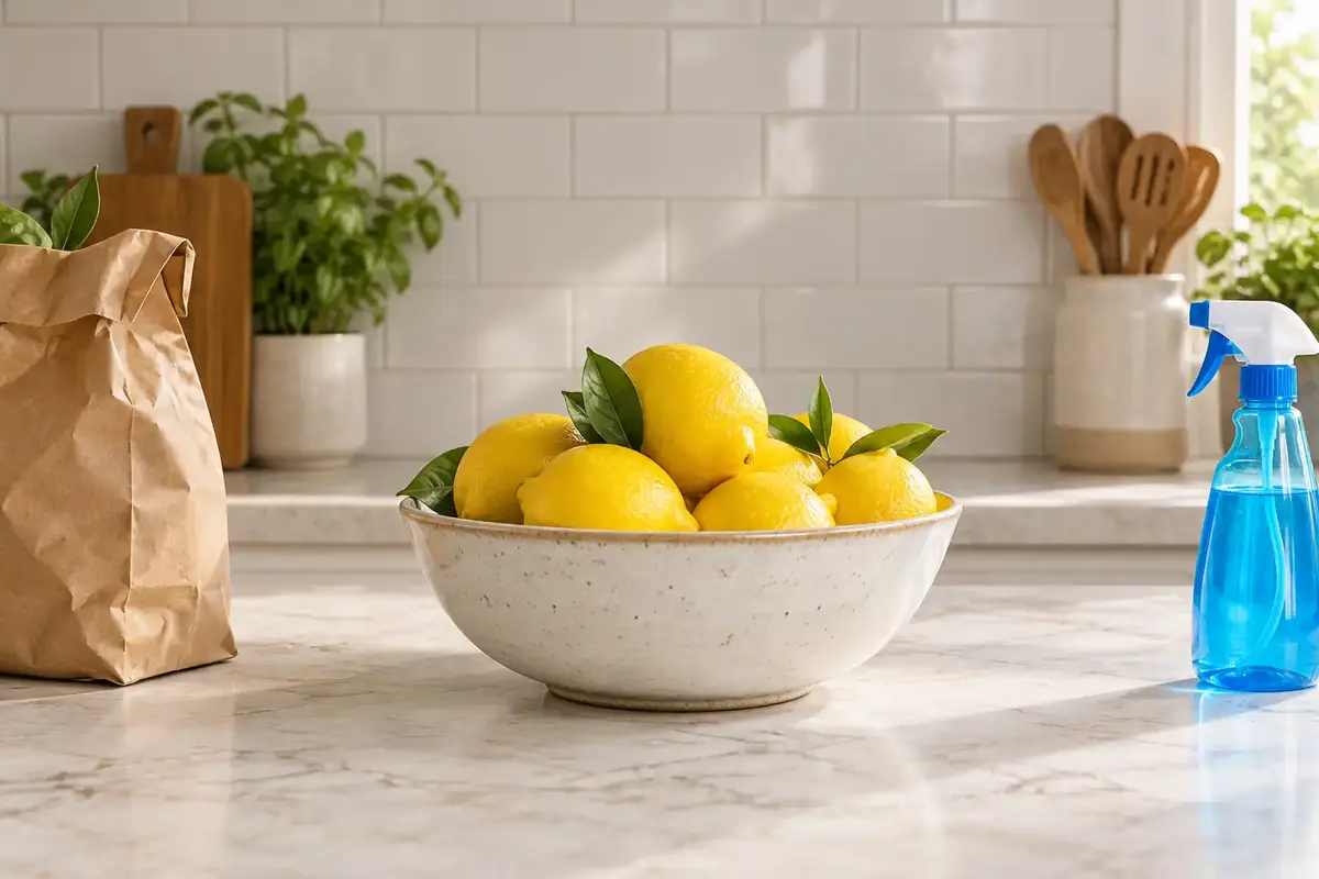 Paper bag and blue spray bottle cluttering a kitchen counter beside a bowl of lemons