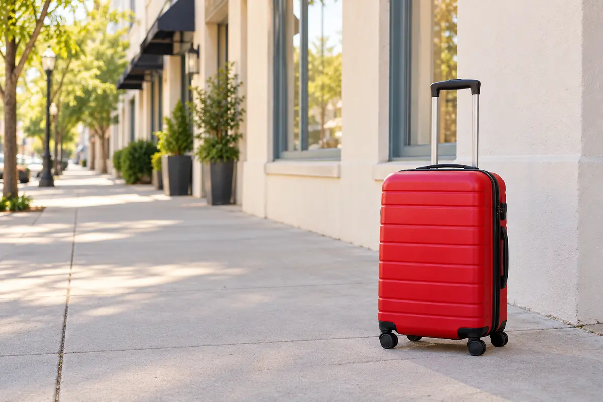 Red suitcase beside a wooden bench distracting from a stone plaza scene