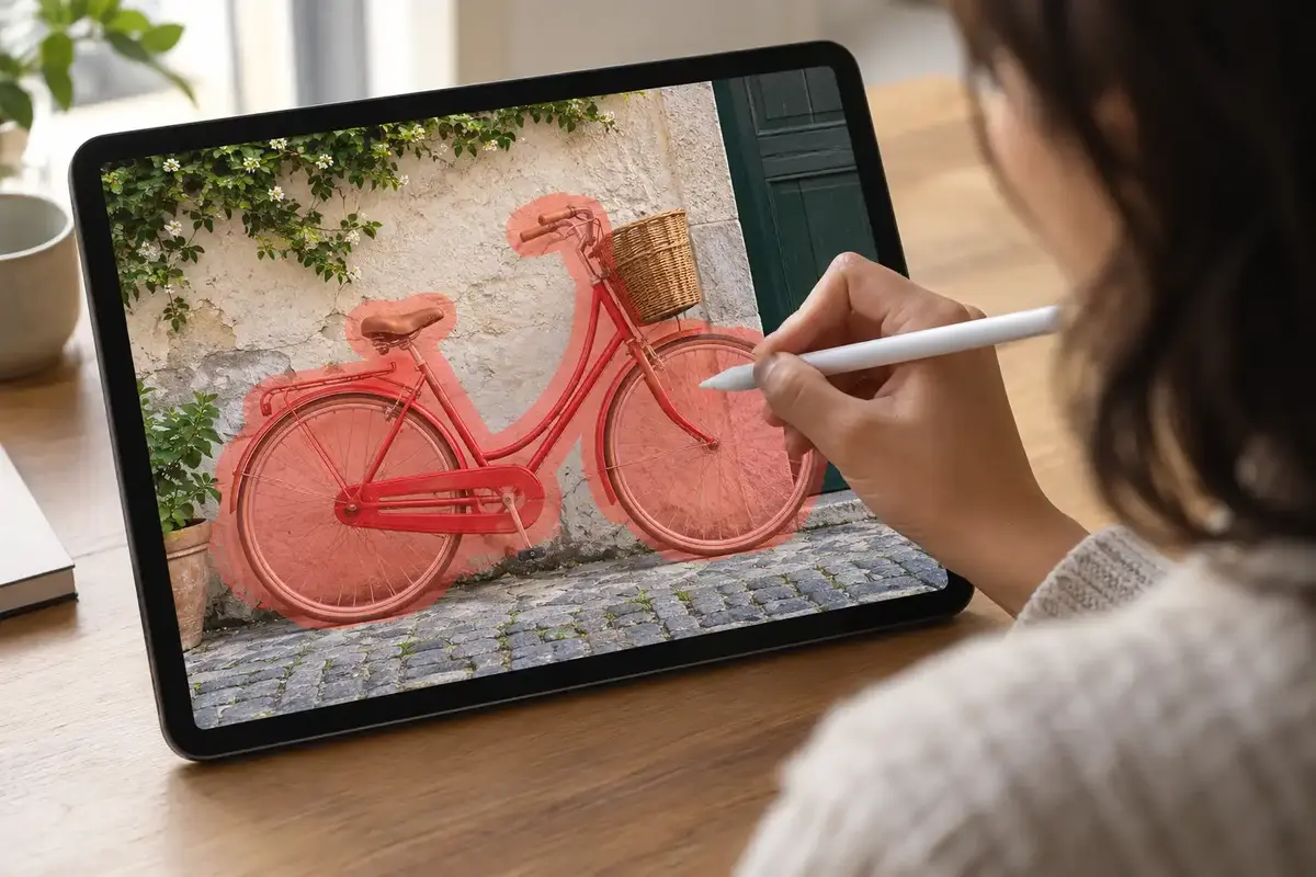 Stylus marking a bicycle with a translucent removal selection on a tablet photo