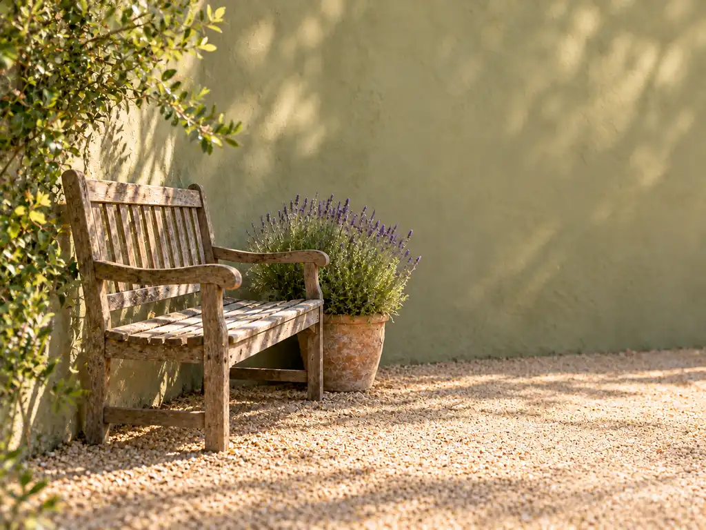 Same wooden bench and plain patio with the orange date stamp removed