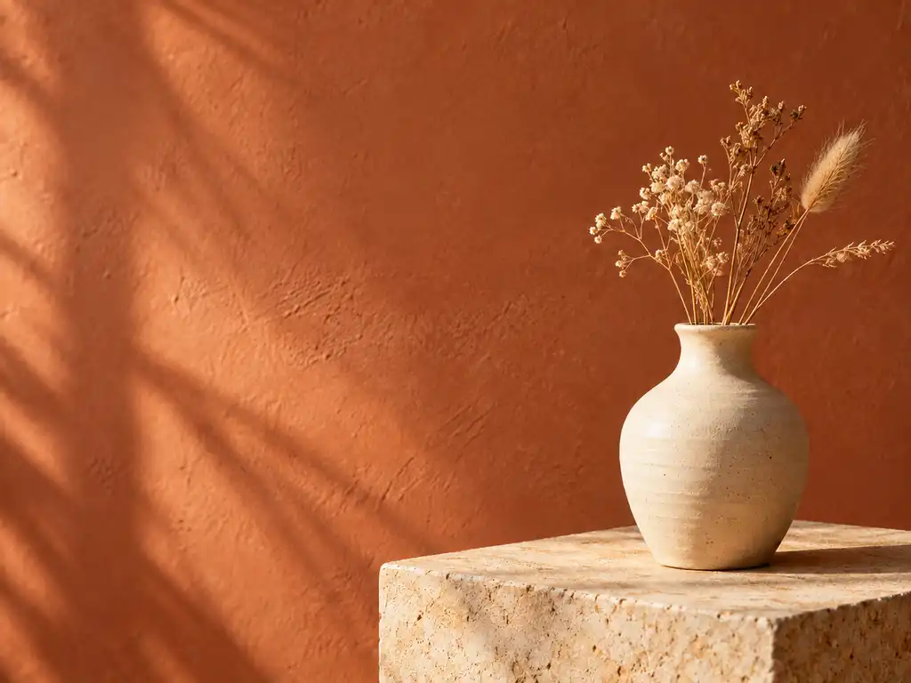 Ceramic vase and terracotta backdrop with both promotional text overlays removed