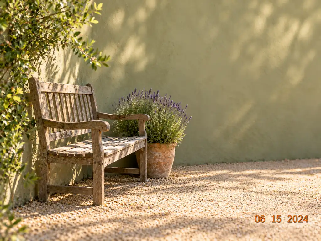 Wooden bench against a plain cream wall with an orange 06 15 2024 camera date stamp