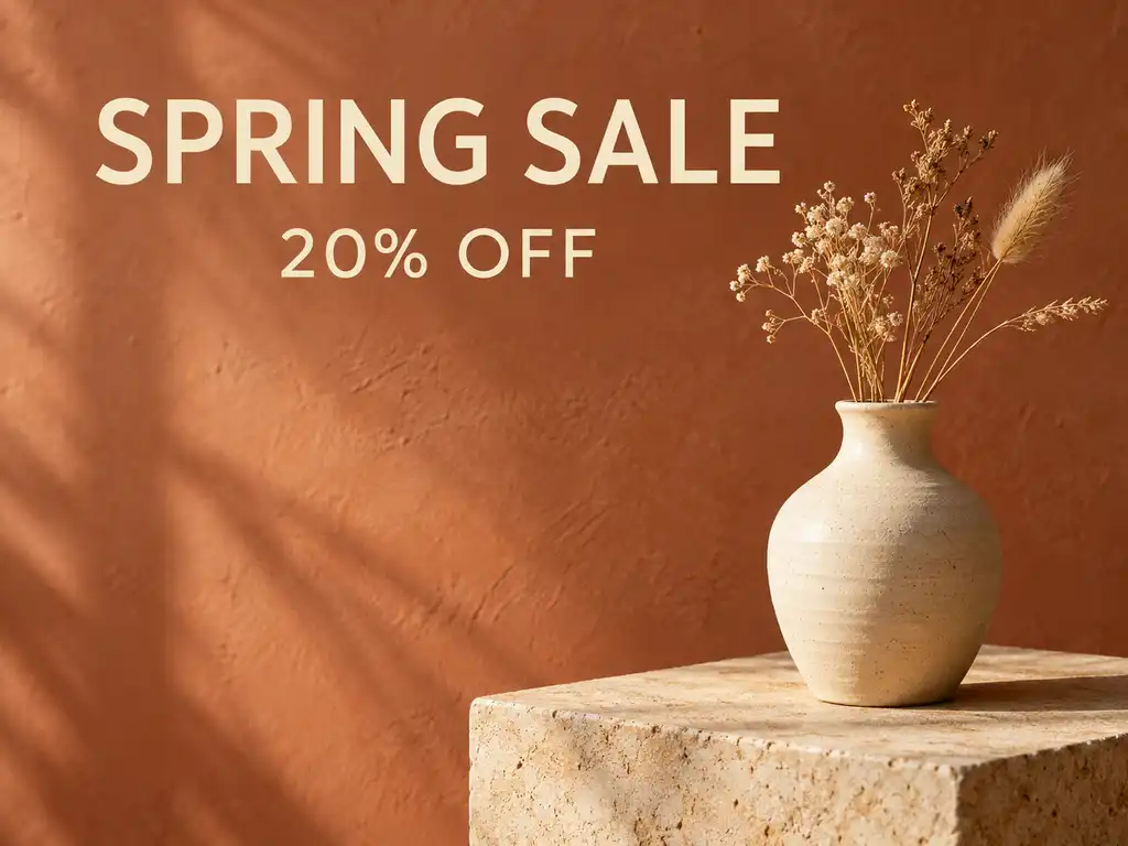 Cream ceramic vase photograph with SPRING SALE and 20% OFF promotional overlays