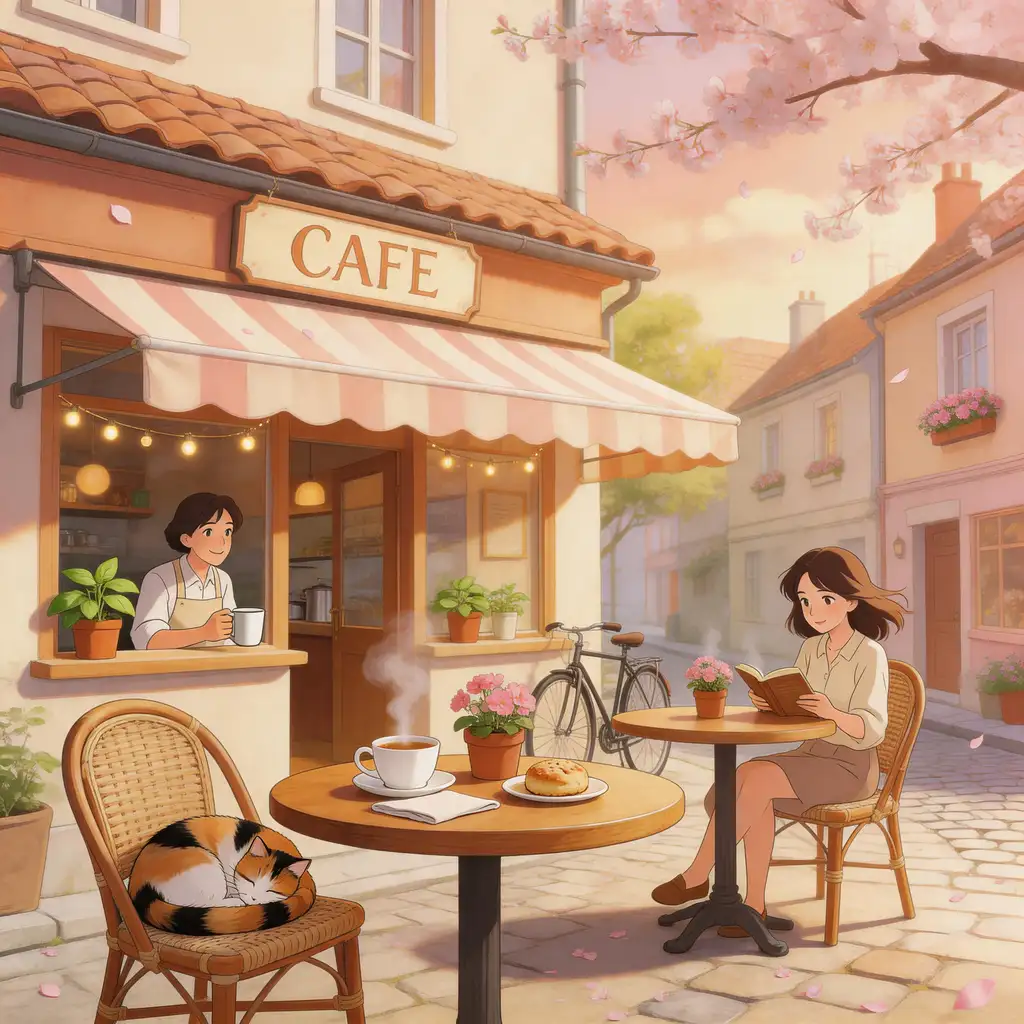 Street cafe photo transformed into a warm Ghibli-inspired hand-painted animation style