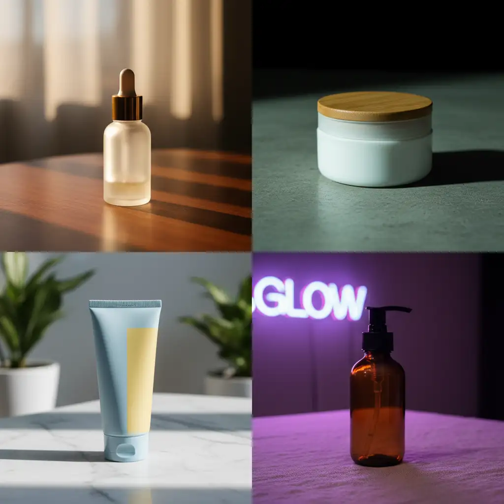 Four skincare product images with mismatched lighting and backgrounds before consistency editing
