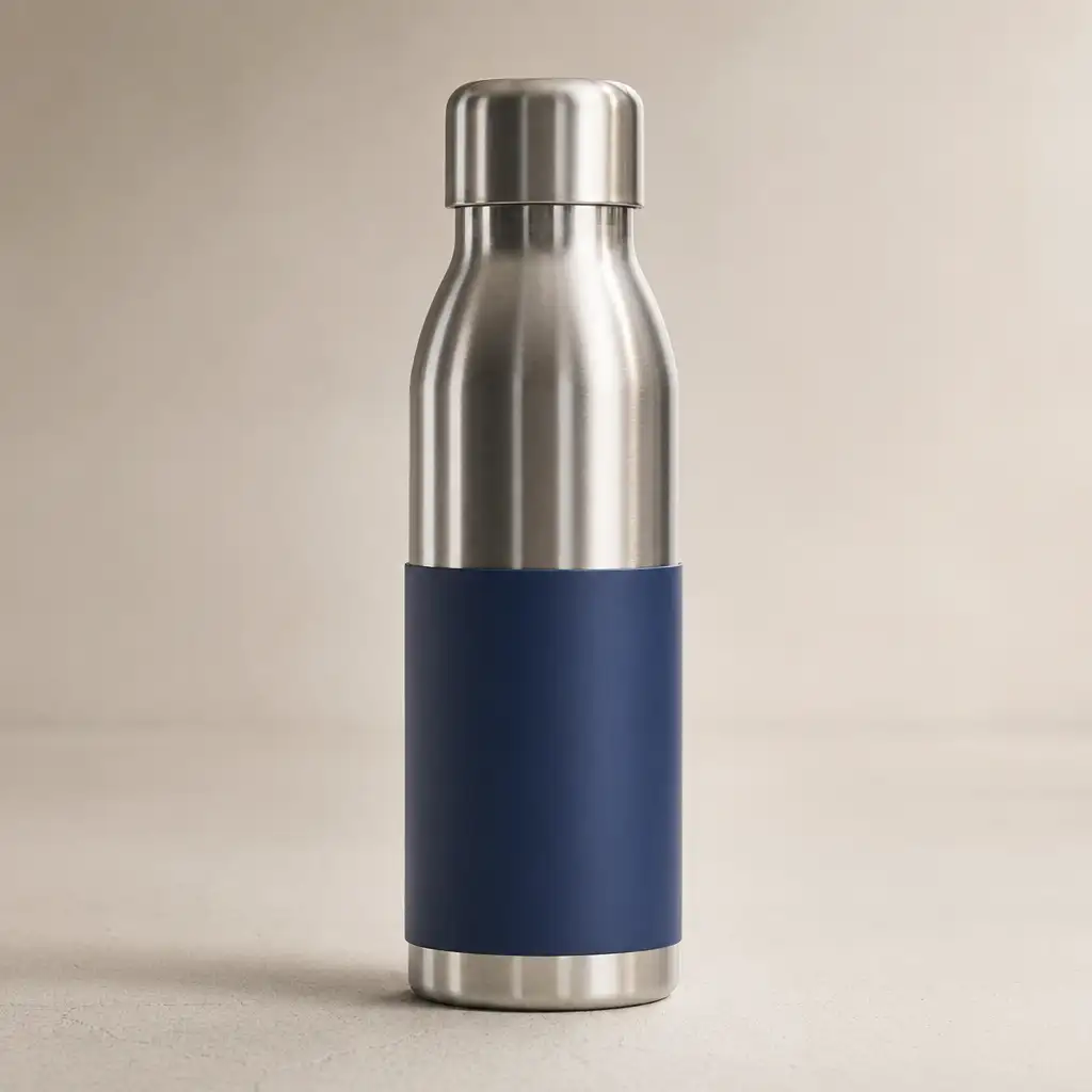 Same water bottle transformed into a clean studio product shot with polished lighting using image to image AI